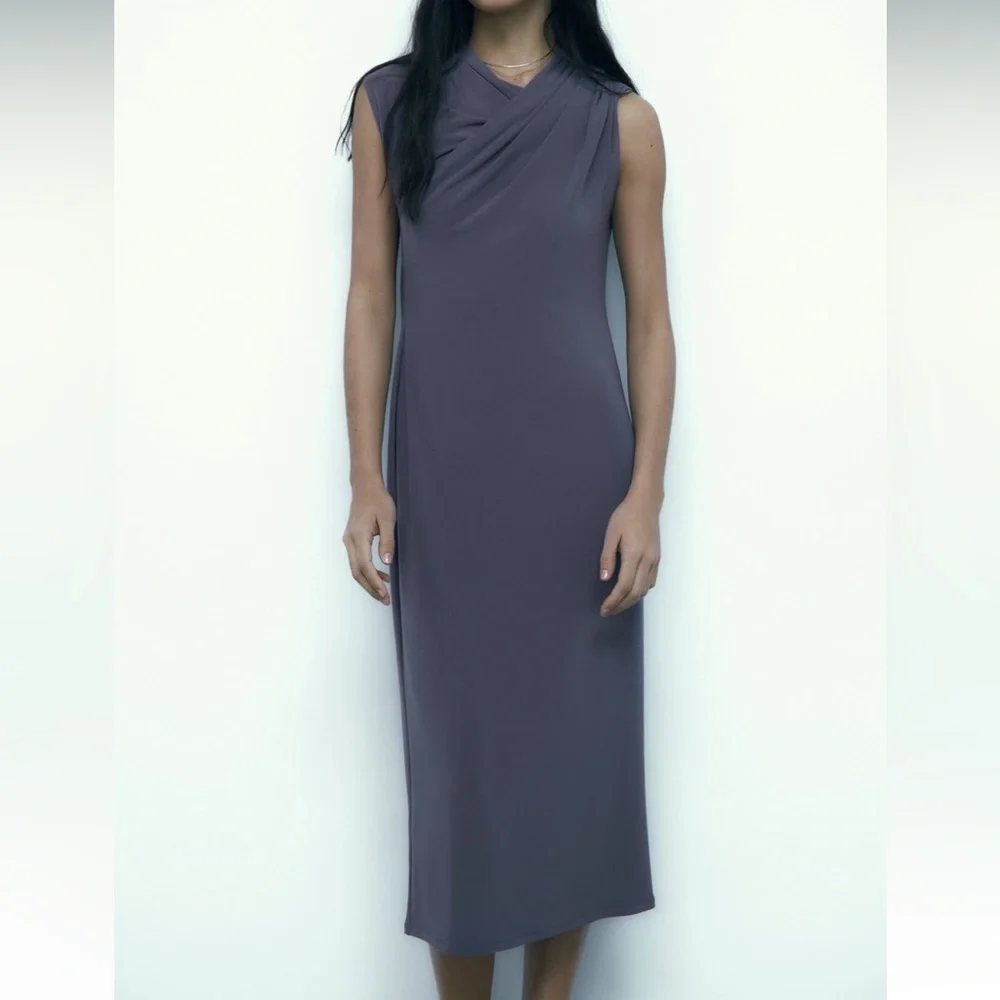 Zara NWOT gray draped stretchy midi dress - Picture 3 of 6